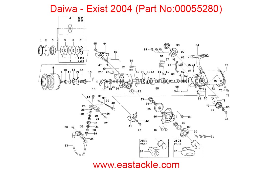 Daiwa - Exist 2004 - Spinning Reel | Schematics and Part Numbers 